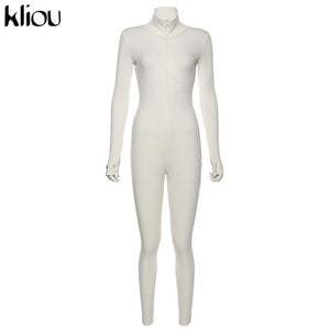 Kliou solid turtleneck full sleeve jumpsuits 2019 autumn winter women fitness slim rompers zipper long bodysuit skinny jogger